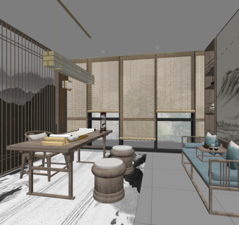 新中式书房su草图模型下载