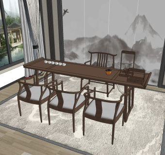 新中式茶桌椅su草图模型下载