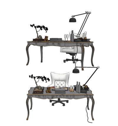 欧式古典书桌椅su草图模型下载