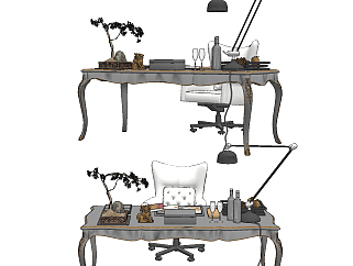 欧式古典书桌椅su草图模型下载