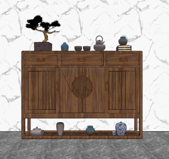 新中式实木餐边柜su草图模型下载