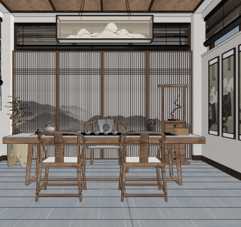 新中式茶室su草图模型下载