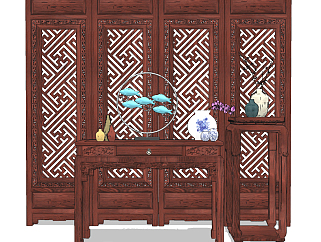 中式古典红木实木家具，八仙桌屏风隔断组合su草图模型下载