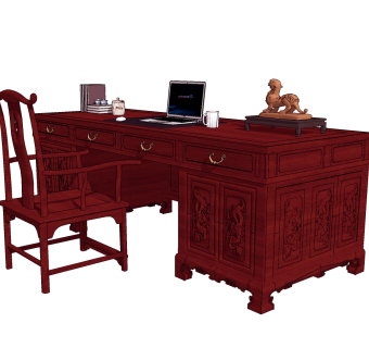 中式古典实木红木雕花书桌椅su草图模型下载