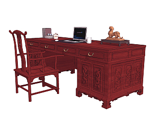中式古典实木<em>红木雕花</em>书桌椅su草图模型下载