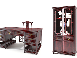中式古典红木书桌椅su草图模型下载