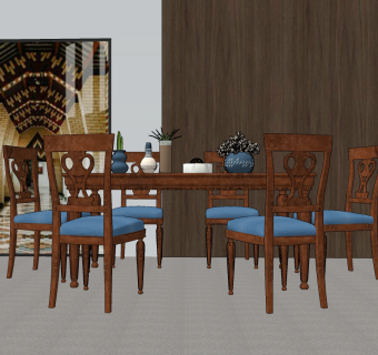 欧式古典圆形餐桌椅su草图模型下载