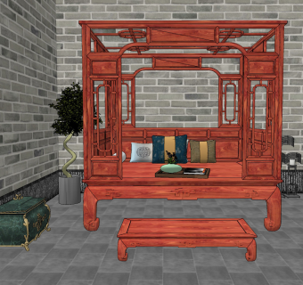 中式古典红木家具，木架子床su草图模型下载