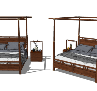 中式古典红木架子床su草图模型下载