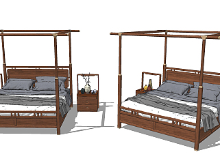 中式古典红木架子床su草图模型下载