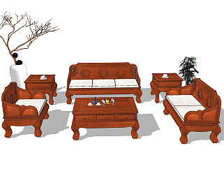 中式古典红木实木沙发组合su草图模型下载