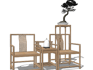 中式实木单椅，椅子组合su草图模型下载