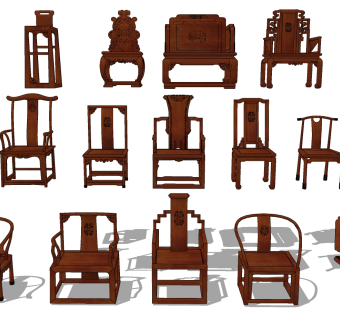 中式古典雕花红木实木椅子组合su草图模型下载