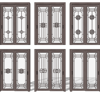 新中式花格玻璃推拉门su草图模型下载