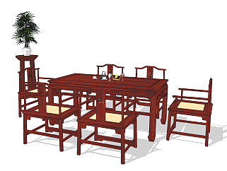 中式古典<em>红木</em>实木餐桌<em>椅</em>su草图模型下载
