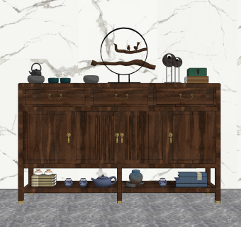 新中式实木边柜su草图模型下载