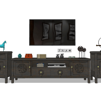 中式雕花电视柜su草图模型下载
