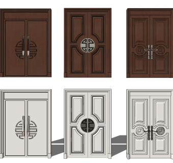 新中式双开门su草图模型下载