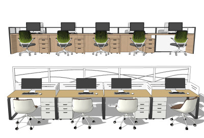 现代办公桌椅卡位，员工工位su草图模型下载