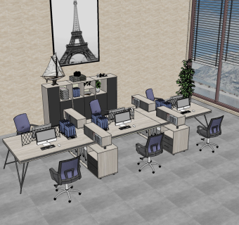 现代办公桌椅卡位，员工工位su草图模型下载