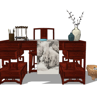 中式古典红木实木，书桌椅su草图模型下载