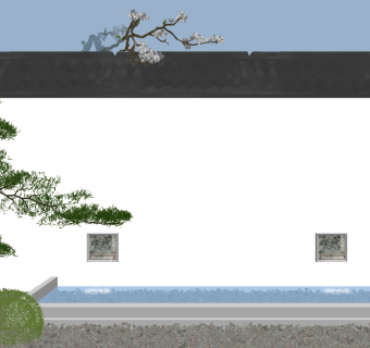 新中式庭院景观小品，水景su草图模型下载