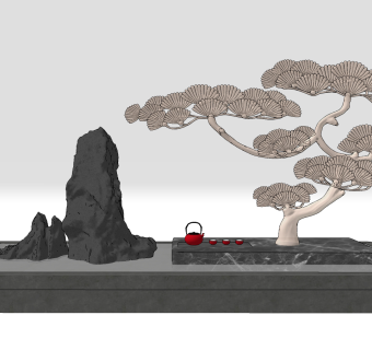 新中式景观小品，水景su草图模型下载