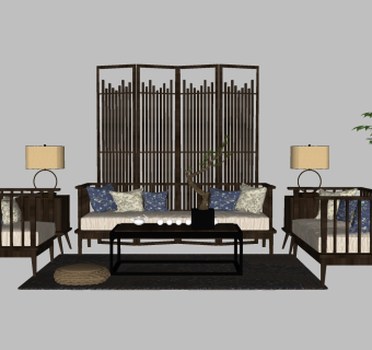 中式，沙发组合su草图模型下载
