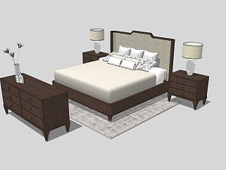 中式双人床，床头柜组合su草图模型下载
