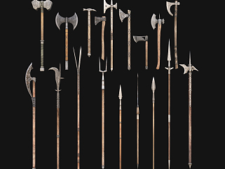 欧式复古斧,钺刀,叉矛冷兵器su草图模型下载