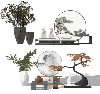 新中式盆栽花瓶，摆饰组合su草图模型下载