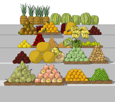 现代生鲜超市水果，摊位su草图模型下载