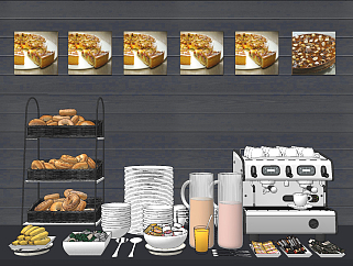现代自助餐台咖啡机面包食物su草图模型下载