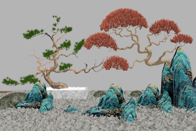 新中式庭院景观小品，松树石头，枯山水石su草图模型下载