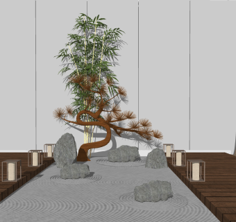 新中式庭院景观枯山水su草图模型下载