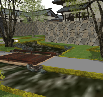 中式古建园林绿化景观，木桥su草图模型下载