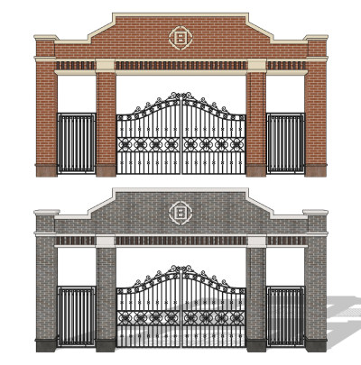 简欧式砖墙铁艺大门su草图模型下载