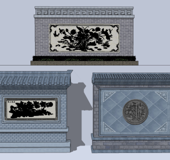 中式影壁照壁景墙su草图模型下载