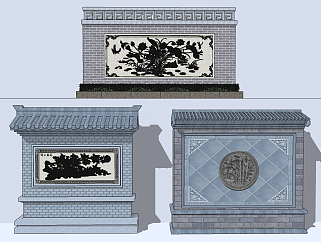 中式影壁照壁景墙su草图模型下载