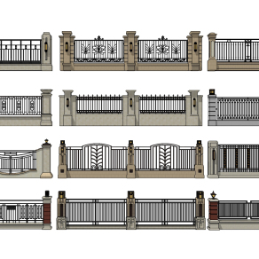 简欧式，铁艺院墙围墙su草图模型下载