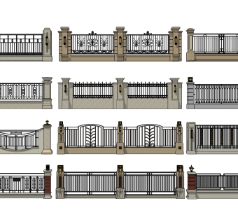 简欧式，铁艺院墙围墙su草图模型下载