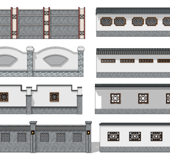 新中式古建花格院墙su草图模型下载
