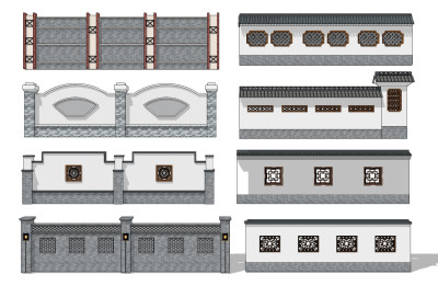 新中式古建花格院墙su草图模型下载