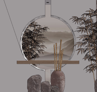 新中式端景，山石园艺小品su草图模型下载