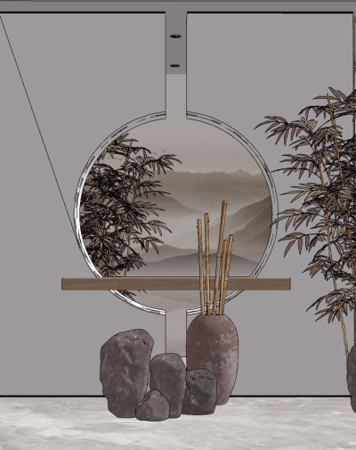 新中式端景，山石园艺小品su草图模型下载