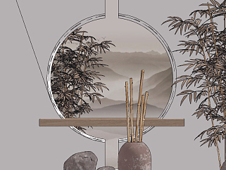 新中式端景，山石园艺小品su草图模型下载