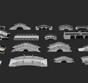 中式玉石栏杆，石拱桥平桥su草图模型下载