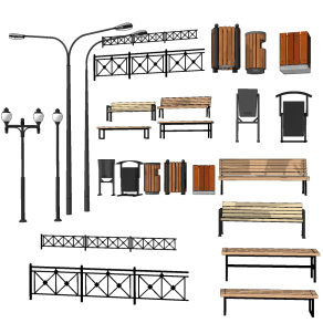 现代实木户外公共座椅su草图模型下载