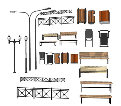 现代实木户外公共座椅su草图模型下载