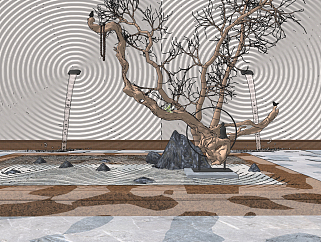 新中式景观小品，枯树干支，水景su草图模型下载